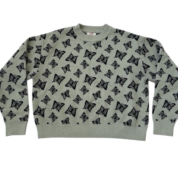 Stella Tweed Green Black Butterfly Knit Sweater Boho Cottage Cropped Women XL - Picture 1 of 9